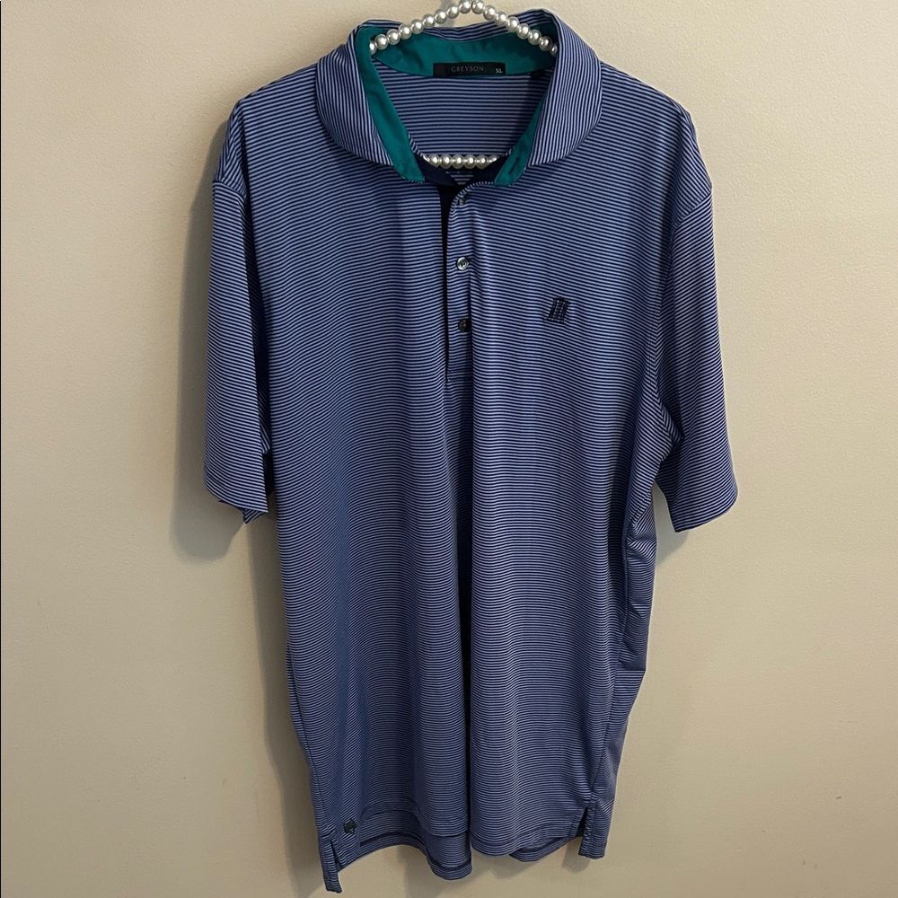 Greyson Men's XL Blue Striped Performance Golf Polo Green Collar